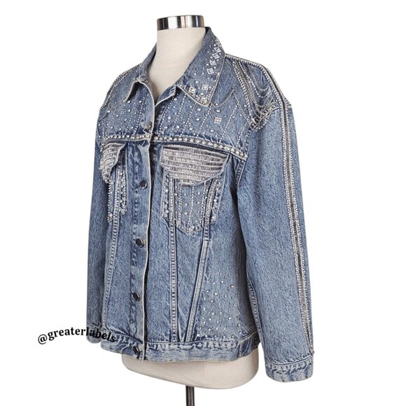 Alice + Olivia Embellished Denim Jean Jacket Crystals & Chains RARE Size M - Picture 3 of 15